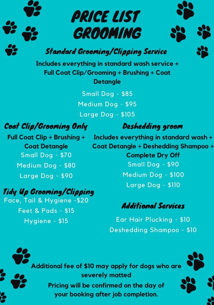 List of Prices for Grooming your Dog/Cat